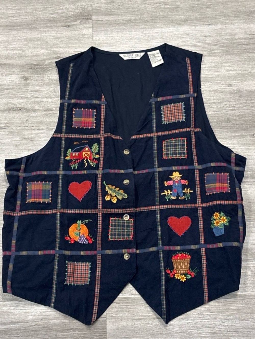 Vintage fall pumpkin Navy Patchwork Embroidered Vest Sz 24W corduroy Cottagecore